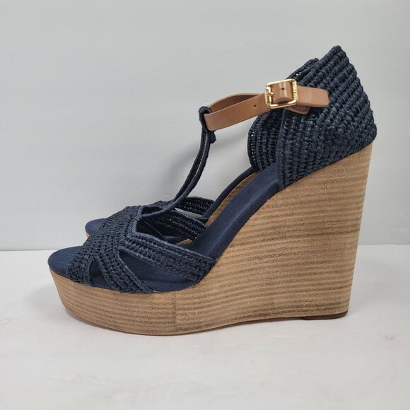 Tory Burch Carina Women's Navy Blue Straw Wedge Sandals 21138607 US Size 11M - Picture 2 of 10